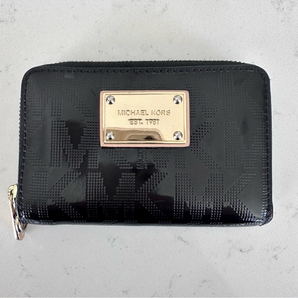 Michael Kors Black MK LOGO Embossed Leather Jet Set Wallet